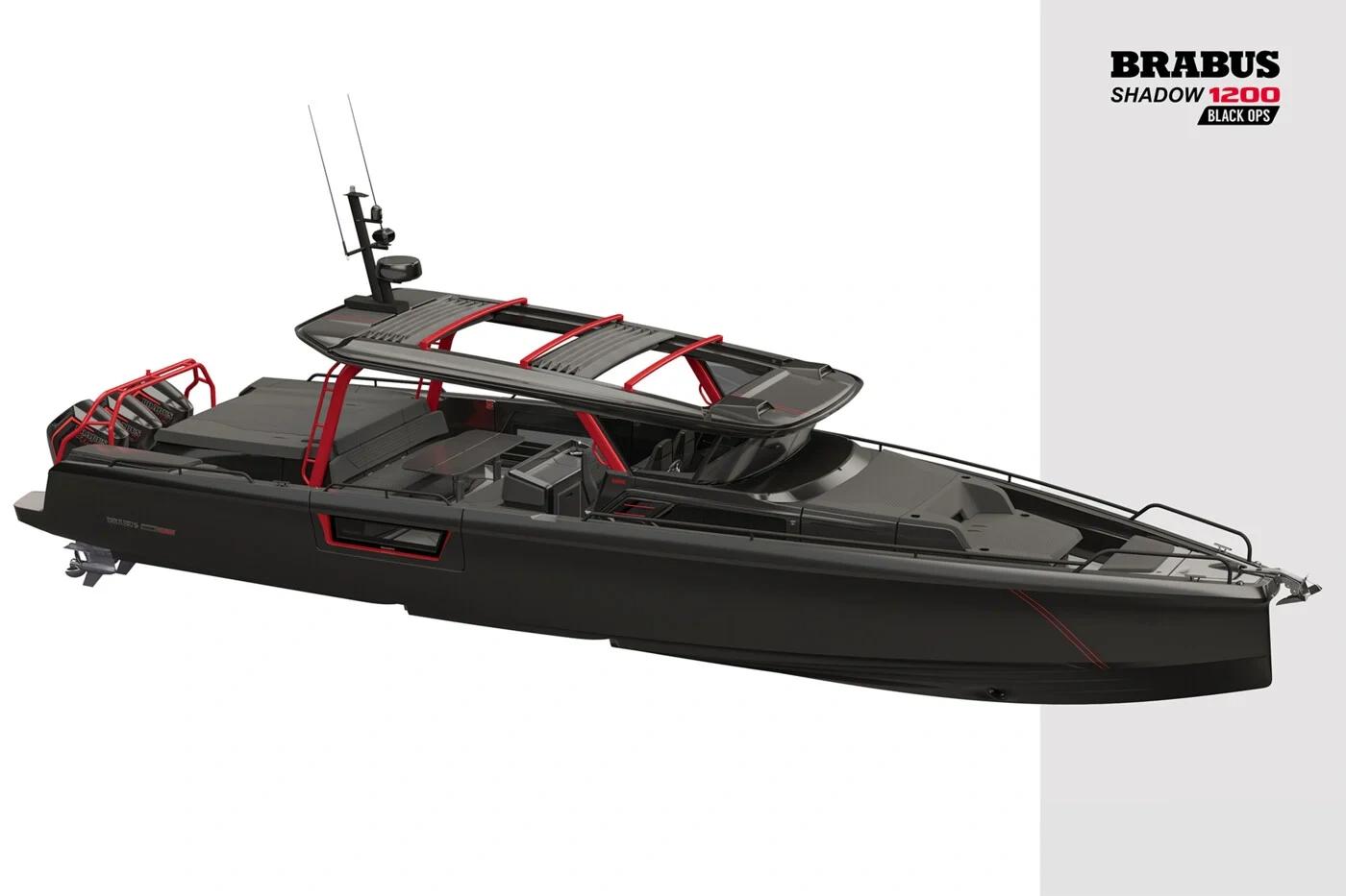 Brabus Shadow 1200 Black Ops, yacht sportif haute performance avec design noir et rouge, vue latérale complète du bateau de l